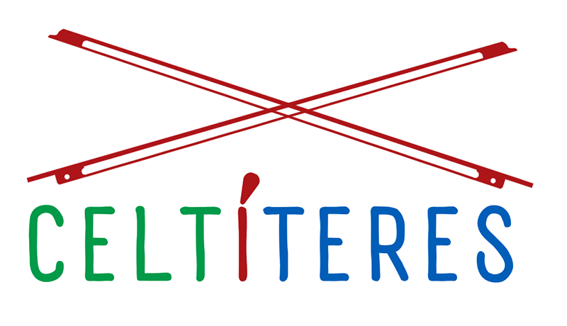 Logotipo de Celtíteres: dos arcos de violín cruzados en rojo sobre el nombre del grupo, escrito en verde, rojo y azul.